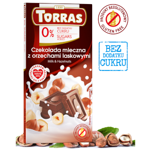 Czekolada mleczna z orzechami laskowymi bez dodatku cukru i bez glutenu 75g TORRAS