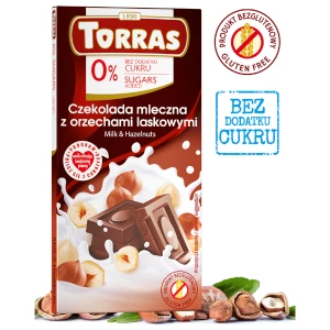 Czekolada mleczna z orzechami laskowymi bez dodatku cukru i bez glutenu 75g TORRAS